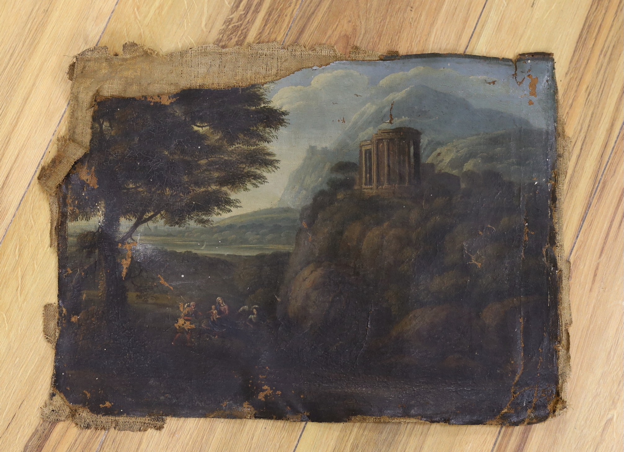 After Claude Lorain, oil on canvas, 'The Temple of Tivoli near Rome with the flight into Egypt', hand inscribed label verso, Halston Collection No.28, 34 x 45cm, unstretched